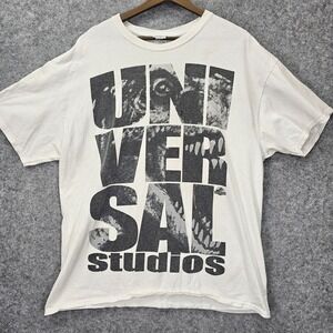Vintage Universal Studios Jurassic Park T Shirt‎ Mens L White Y2K Spell Out FLAW